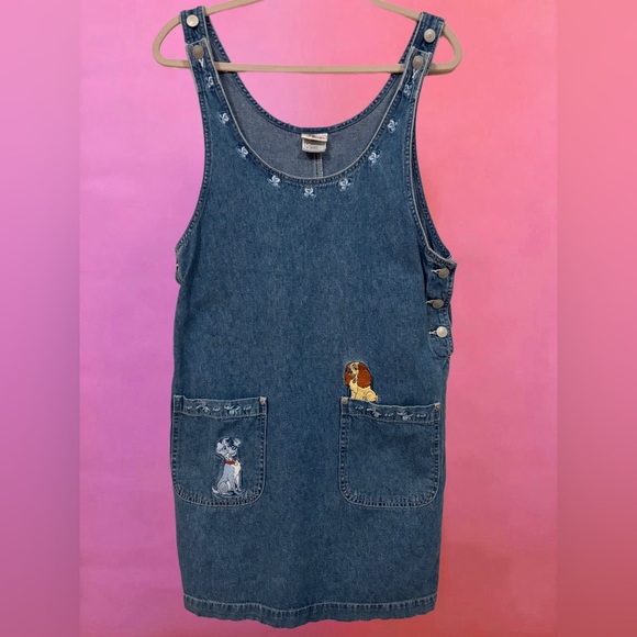 Rare Disney Store Lady & The Tramp Blue Denim Overalls Mini Dress - Size Small - Picture 1 of 9